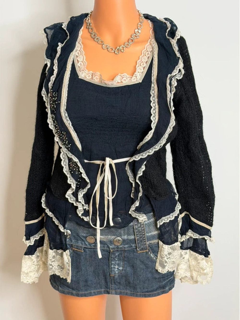 Romantic Vintage René Derhy Sequin Lace Trim Cardigan Top Y2K Size S
